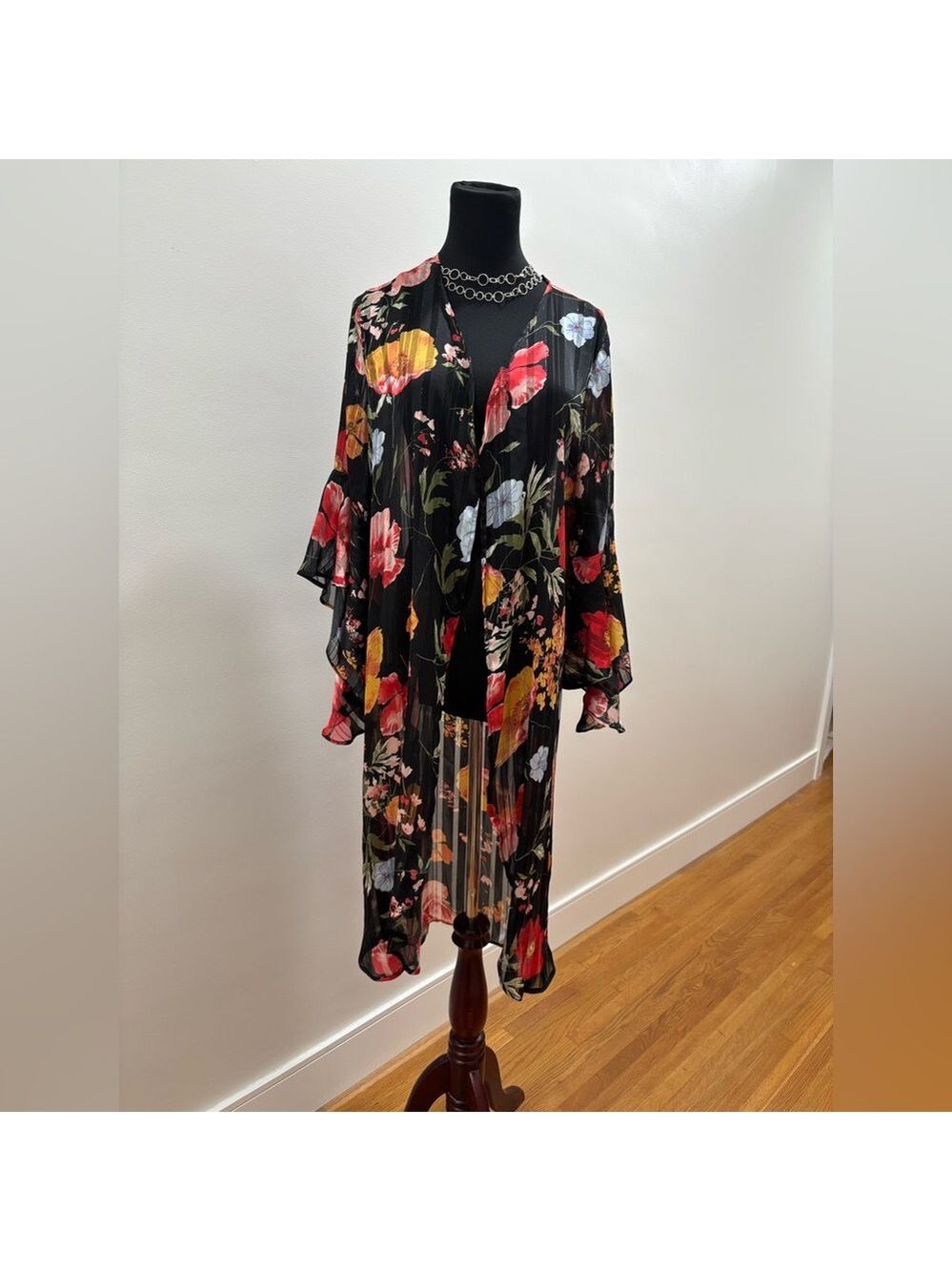 461. Alluv Place Sheer Black Floral Kimono Dress with Red & Yellow Blooms
